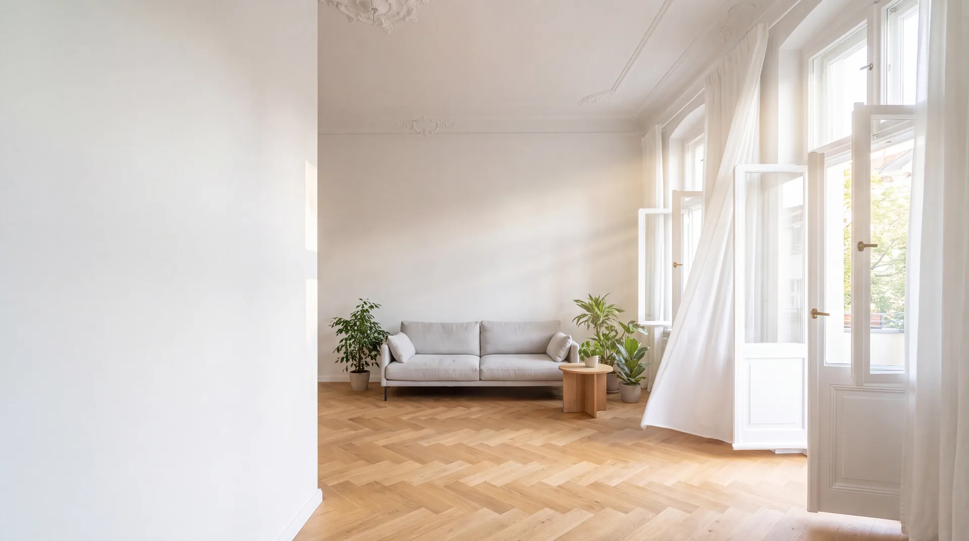 Helles, frisch gelüftetes Wohnzimmer mit weit geöffneten Fenstern