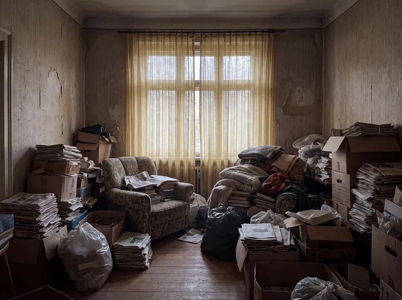 Stark zugestelltes Zimmer mit Zeitungsstapeln und Kartons