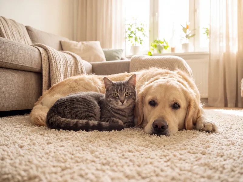 Hund und Katze liegen auf einem Wohnzimmerteppich